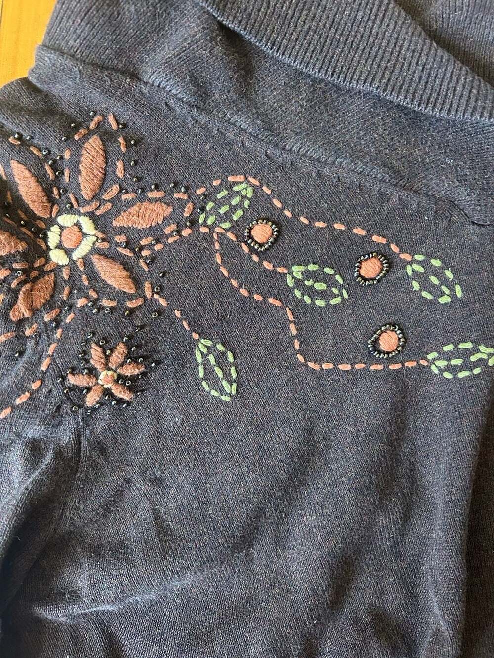 Vintage 90s Cezanne Brown Mock Neck Sweater with Beaded Floral Embroidery